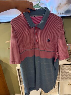 adidas Pink and Blue Striped Polo with Chambray Collar